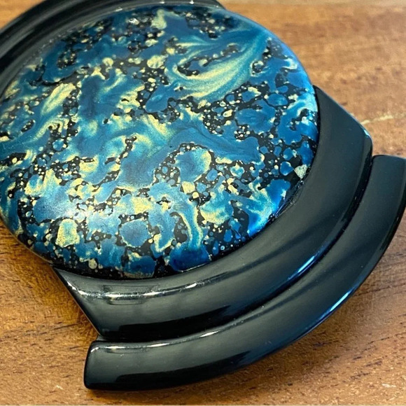 Authentic 80s Blue and Gold Swirl Marbled Statement Brooch Plastic  Art Deco - Picture 3 of 8